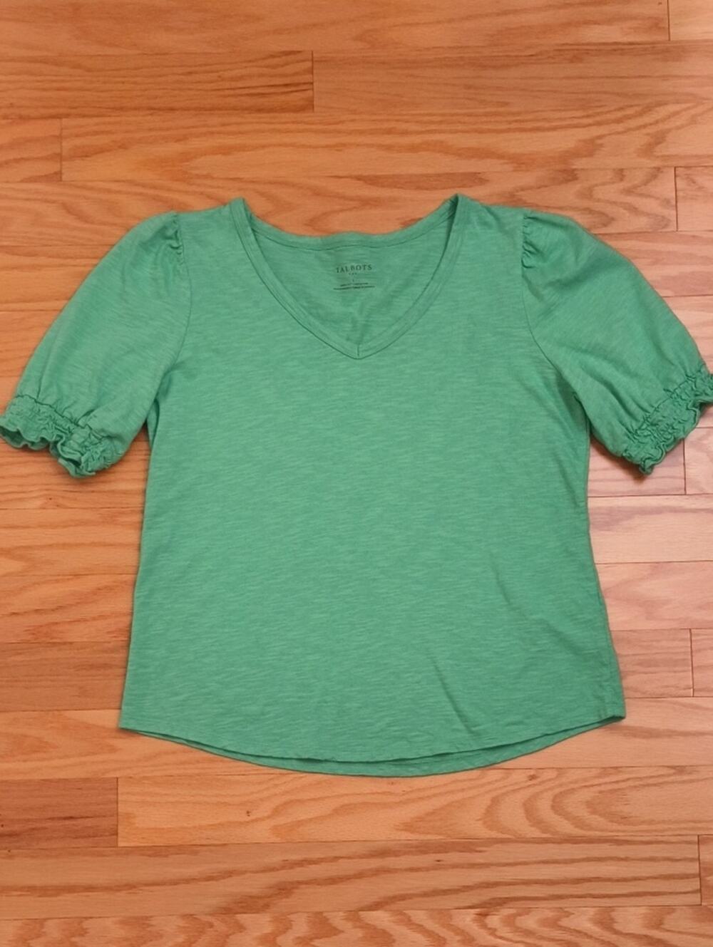 Talbots Short Sleeve Green V-Neck Puff Tee Size L GU